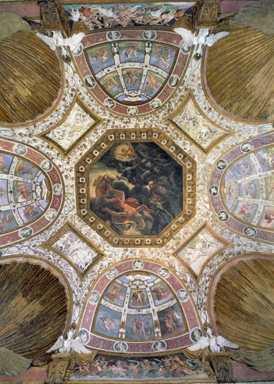 Camera delle Aquile, soffitto con la Caduta di Icaro nel pannello centrale circondato da decorazioni in stucco di putti e lunette con scene mitologiche, 1528 da Giulio Romano